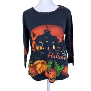 Vintage Jane Ashley Sz M Halloween Shirt Black Orange Beaded Haunted House
